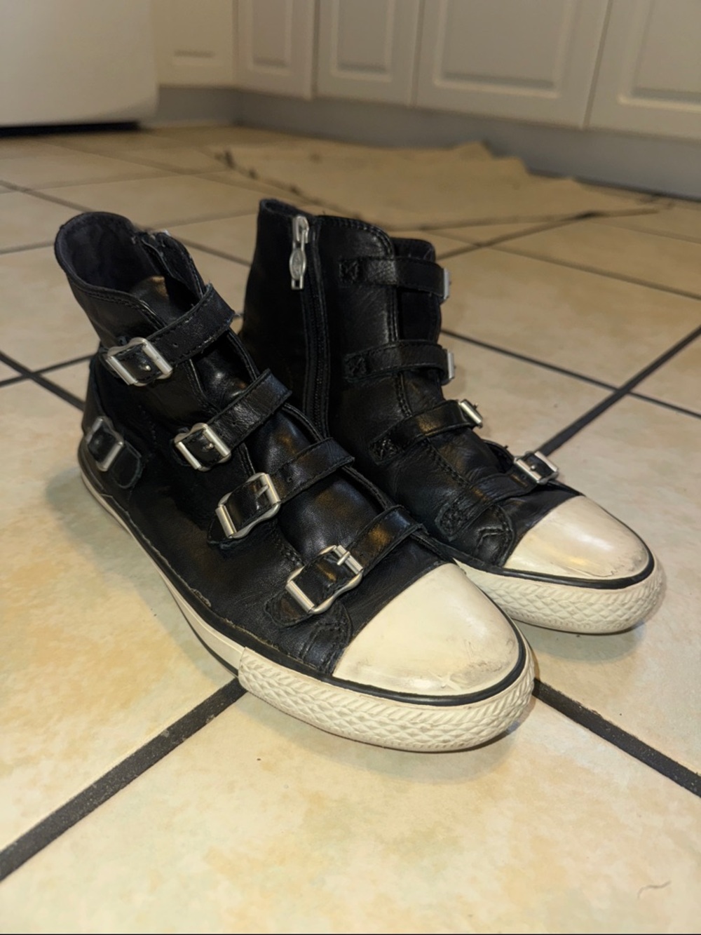 Ash Black Leather Buckle High-Top Sneakers with White Toe